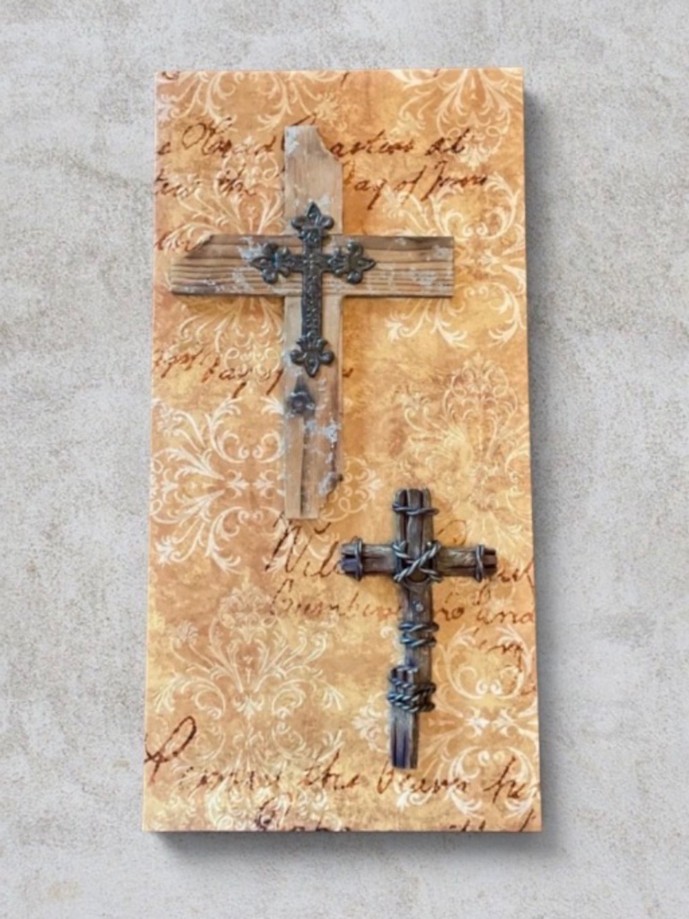 One of a Kind-Warm & Inspiring Canvas w Wood & Metal Rustic Crosses Wall Art NWT